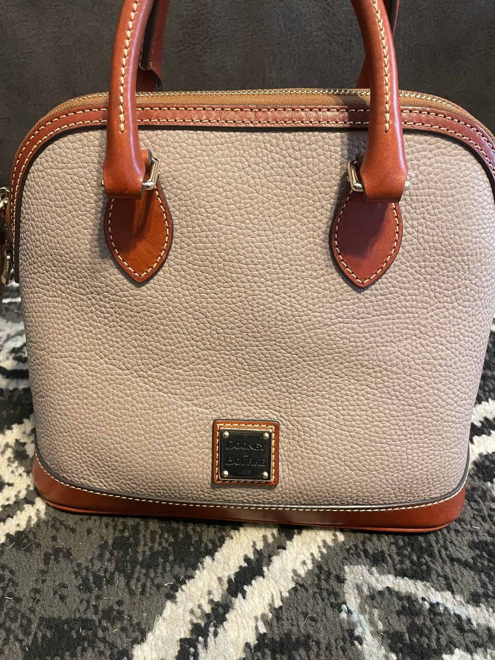 Dooney & Bourke Beige Pebbled Leather Satchel with Brown Trim